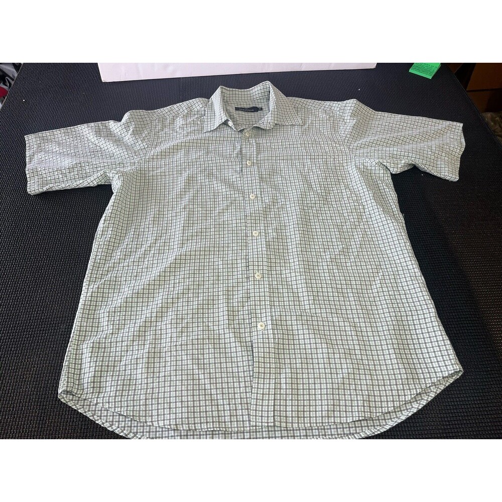 Bugatchi Uomo Mens XL Short Sleeve Button Down Shirt Green White Plaid GS1029